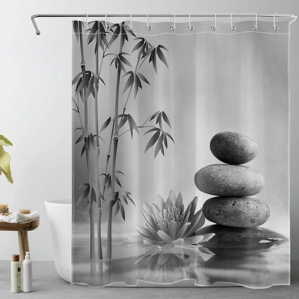 Zen Spa Shower Curtain Grey Bamboo Stone with Teal Water Lily In Water Bathroom Shower Curtain Teal and Gray Bathroom Curtain