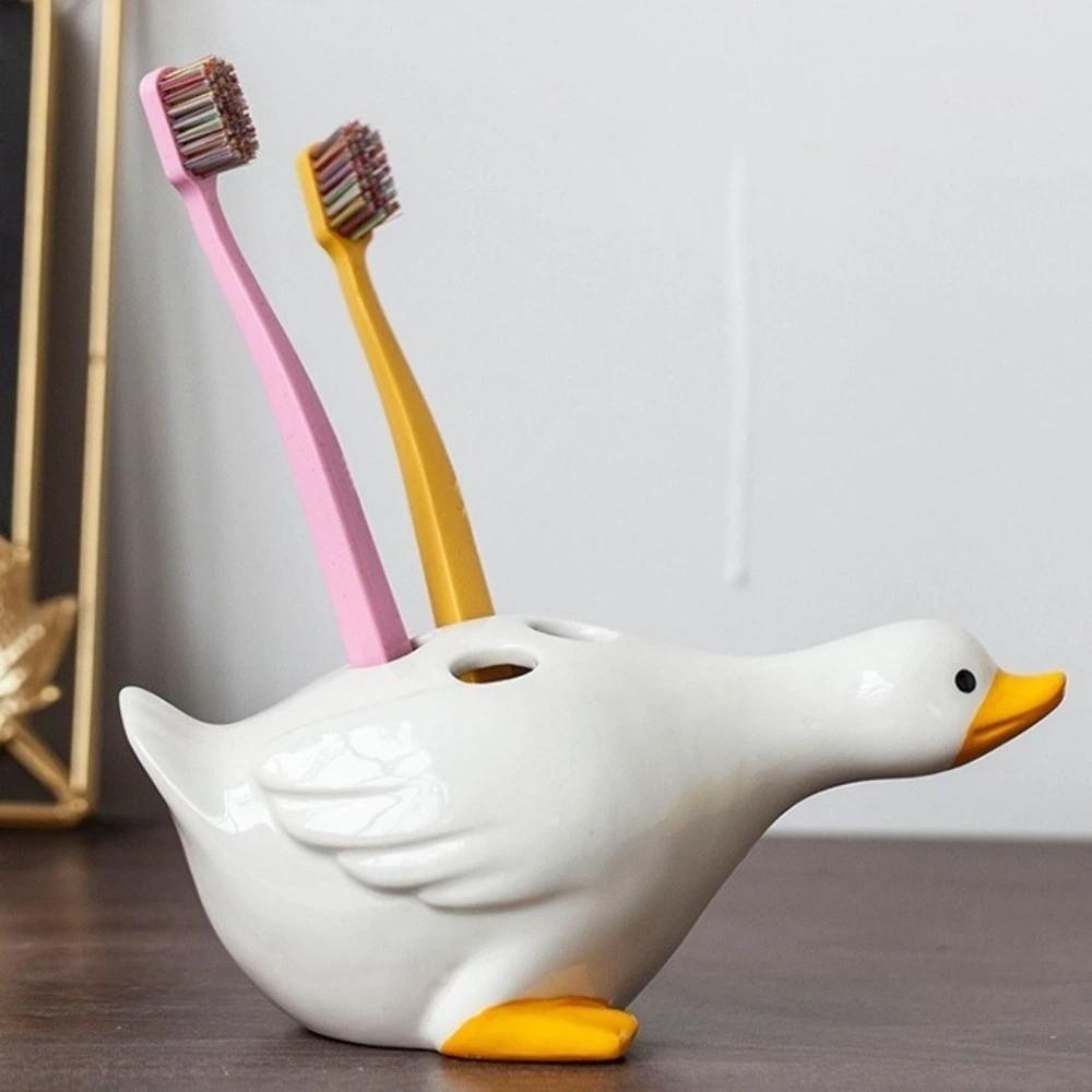 Duck-Shaped Ceramic Toothbrush Holder Cartoon Washroom Storage Holder Sink Countertop