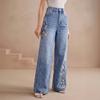 Lässige Damen-Jeans mit mittlerer Bundhöhe und weitem Bein, mit floraler Stickerei, für den Alltag