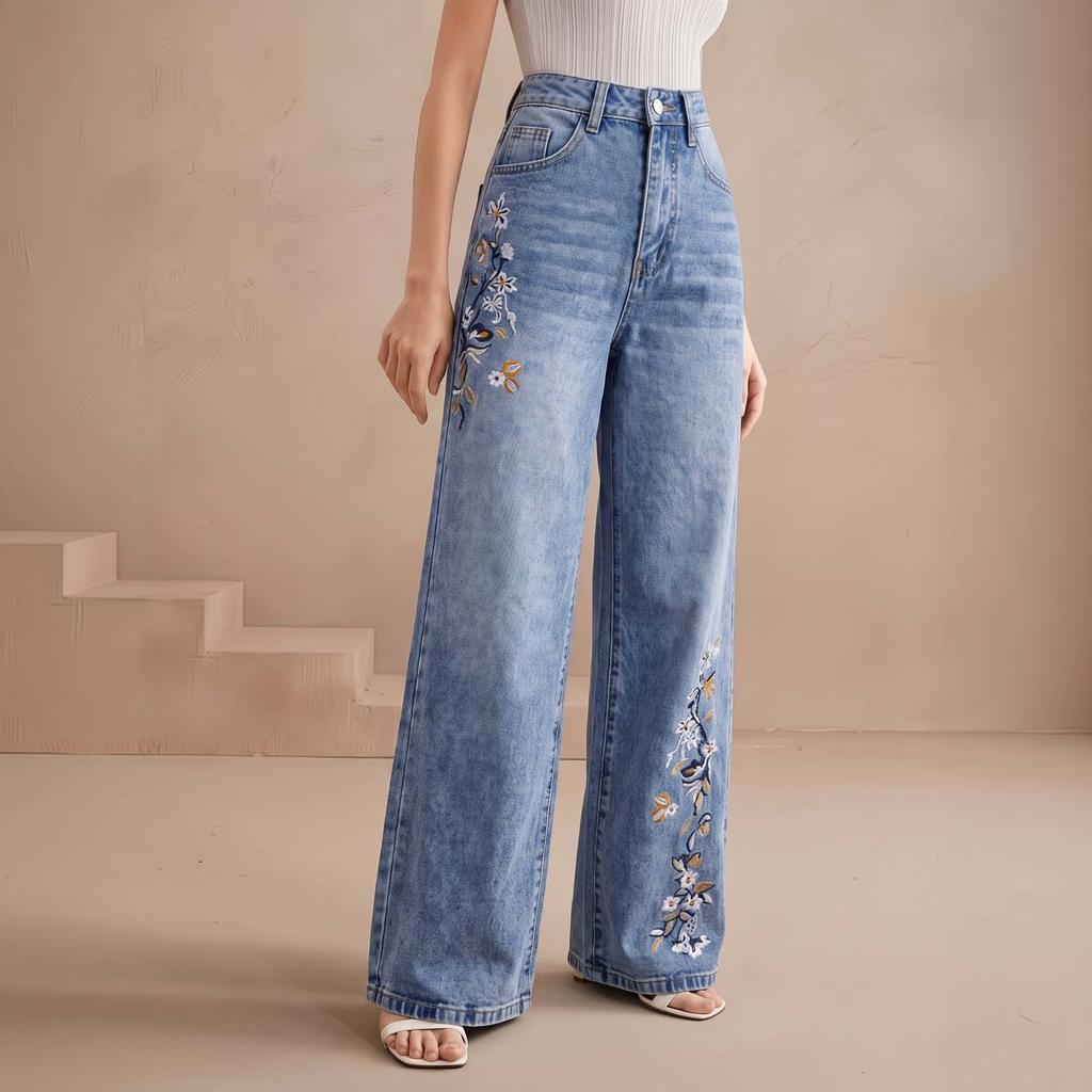 Lässige Damen-Jeans mit mittlerer Bundhöhe und weitem Bein, mit floraler Stickerei, für den Alltag