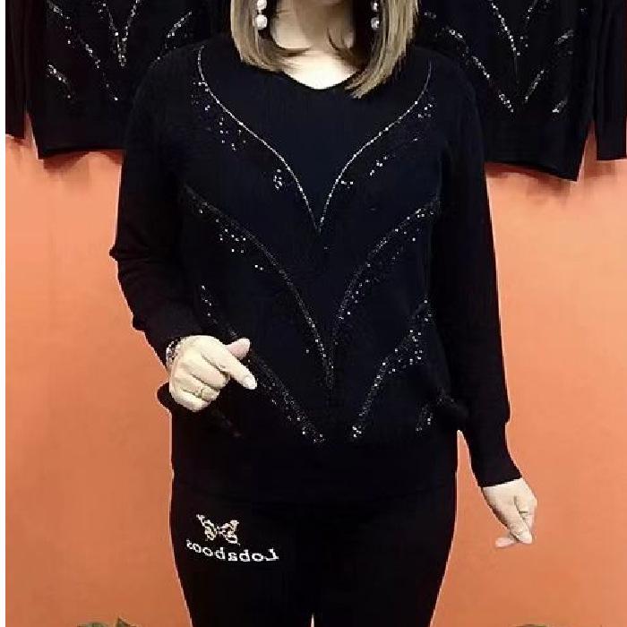 

Women s Knitted T-shirt Casual V-Neck Spring Autumn Long Sleeve Women s Clothing Solid Color Loose Pullovers L чёрный