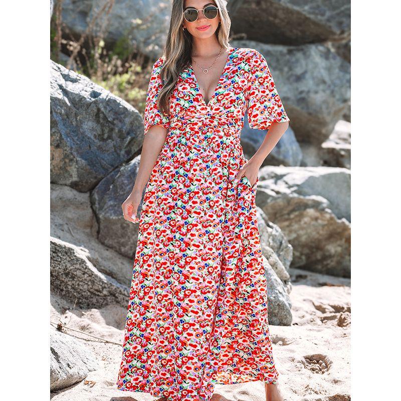 US Shiying Summer New Arrival Florals Backless Dress Female 2025 Seaside Vacation Style Side Slit Dress
