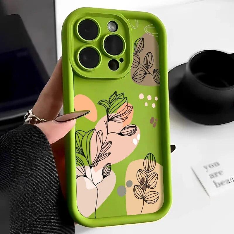 Abstract Plants Phone Case For iPhone 15 Pro Max Case iPhone 13 14 12 11 Pro Max X XR XS 7 8 Plus SE Candy Liquid Silicone Cover