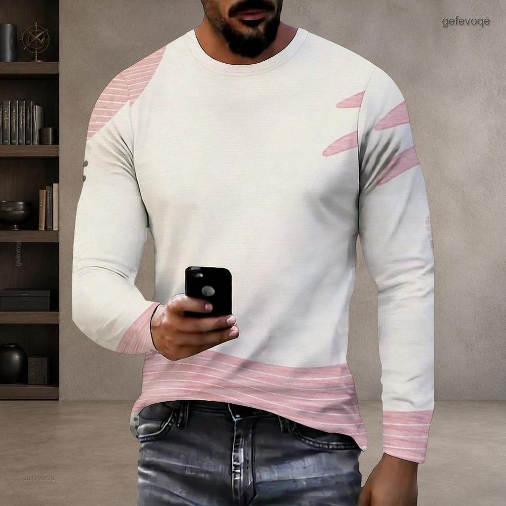 Men s Plus Size Round Neck Long Sleeve Printed T Shirt White Green Pullover Straight Hem