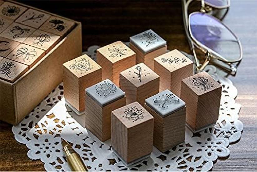 MissOrange Wooden Rubber Stamp Creative Stamp Set for Craft and Set, Moon, Flower, Leaf, Bowknot, Cards, Scrapbooking, Planners, 16-Piece Set, M-26