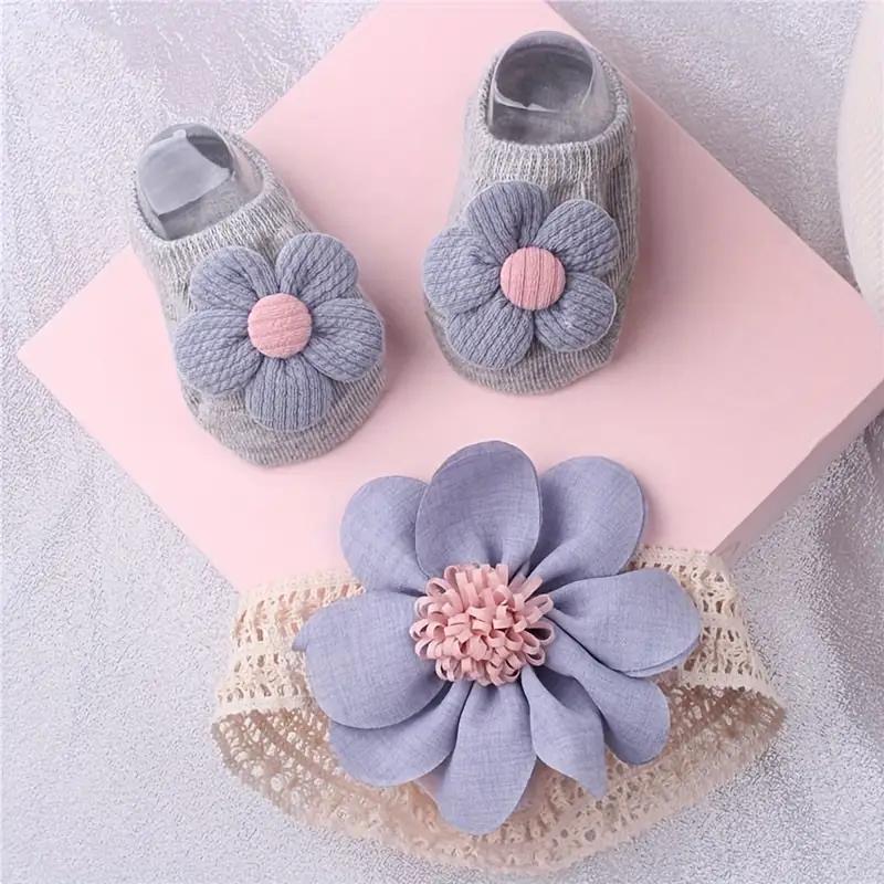 Baby flower hair with sock set, children's boat socks, floor socks, headband, European and American baby hair tie accessories