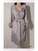 Silky Satin Lace Pajama Set with Chest Pad and Outer Robe - P4105