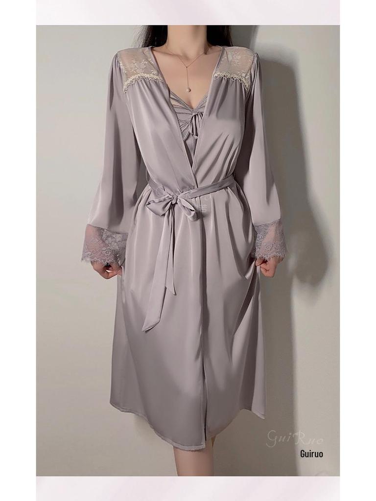 Silky Satin Lace Pajama Set with Chest Pad and Outer Robe - P4105