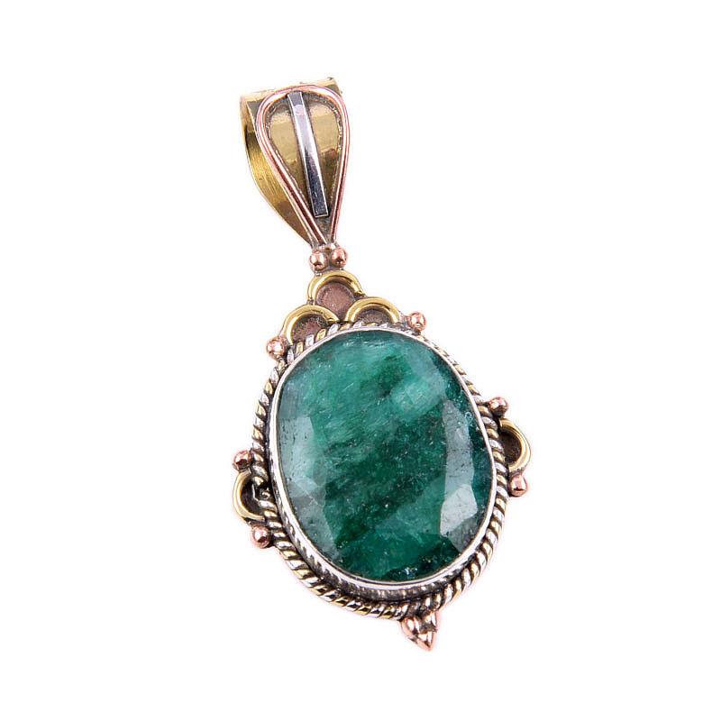 Emerald(Simulated) Handmade 925 Sterling Silver Gift Two Tone Pendant 1.5" B7y91