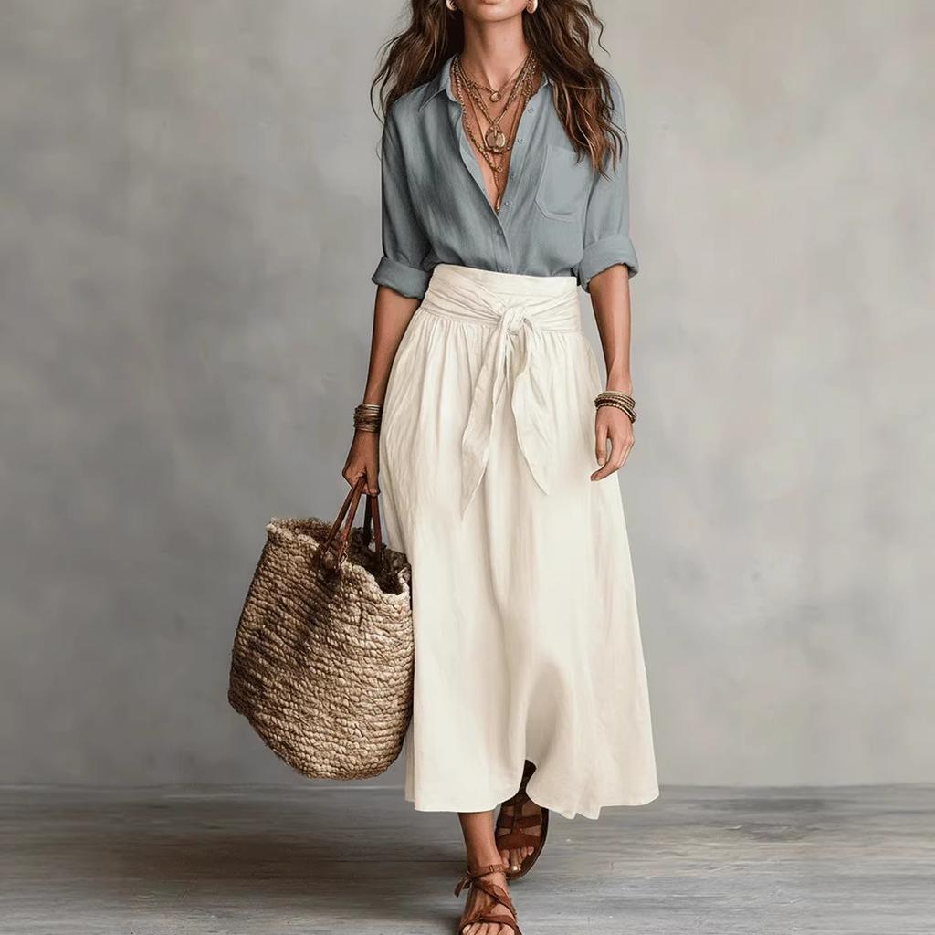Black Short Sleeve Shirt and Green Tie Waist A-Line Skirt Set