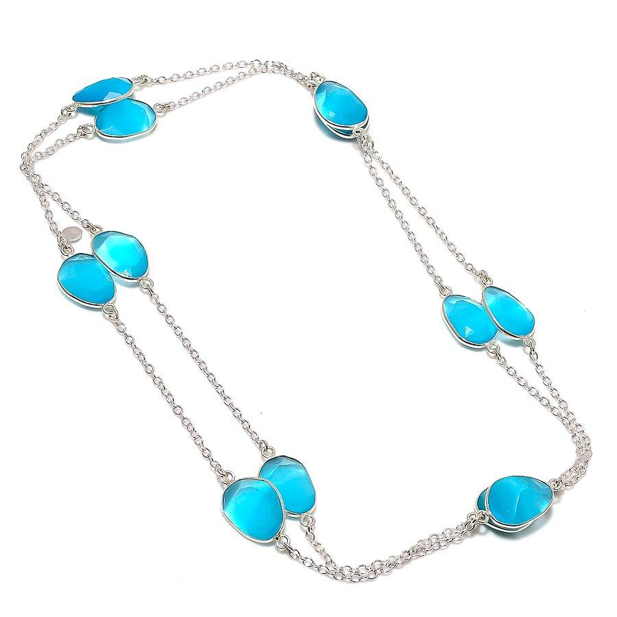 

Natural Blue Chalcedony Gemstone 925 Sterling Silver Jewelry Necklace 36 p4y95