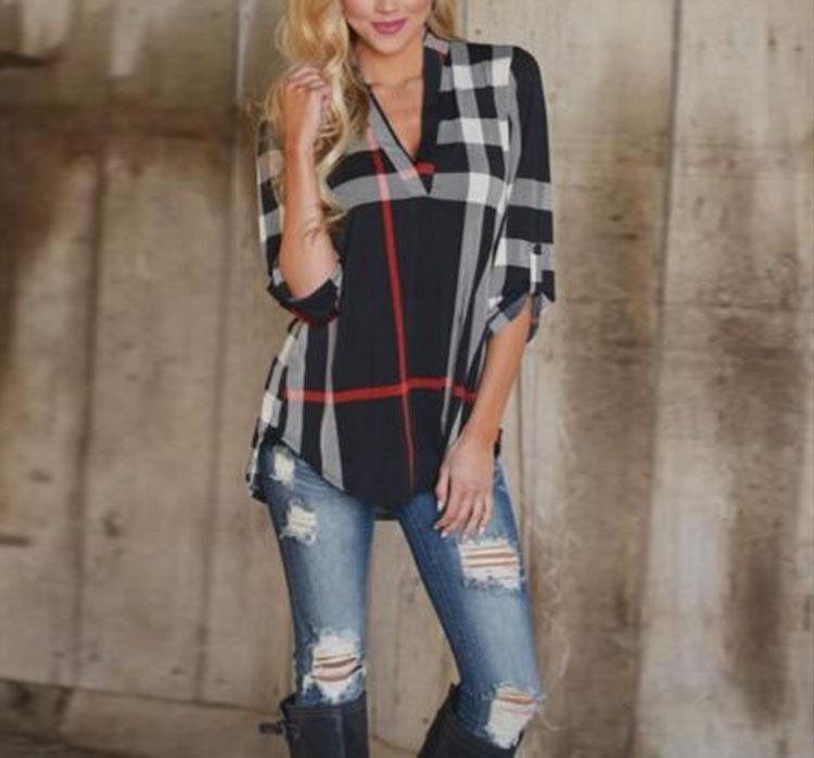 Womens Blouse Striped Plaid Long Sleeve Ladies Top T Shirt Loose Casual Fashionable Design