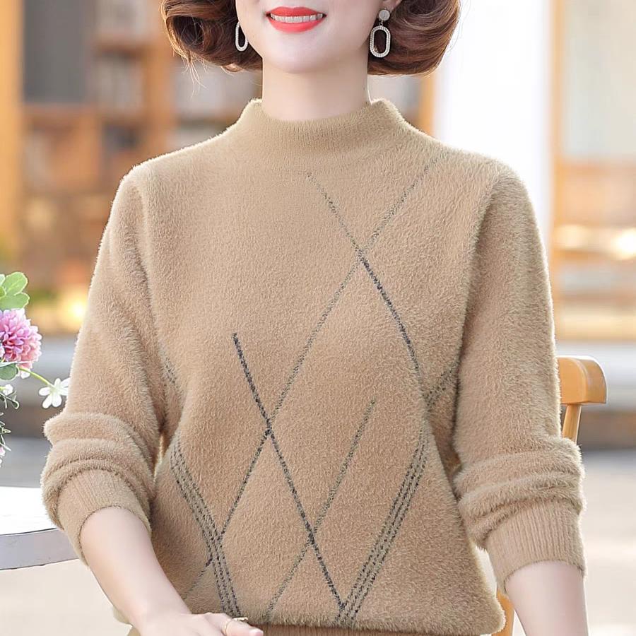 Women's Mink Fleece Sweater Winter Thick Pullover Knitwear Half Turtleneck Warm Knit Top Plush Jumper