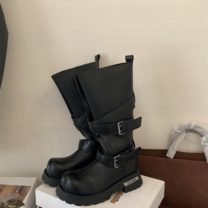 Vintage polished thick-heeled knight boots women's 2025 new platform-soled long boots high street cool drag motorcycle boots medium boots