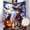 Witch, Cat, Bat & Pumpkin Flannel Blanket - Soft Warm All-Season Cozy Bedspread with Little Witch & Kitten Print, Moon & Broomstick Design for ' Room,
