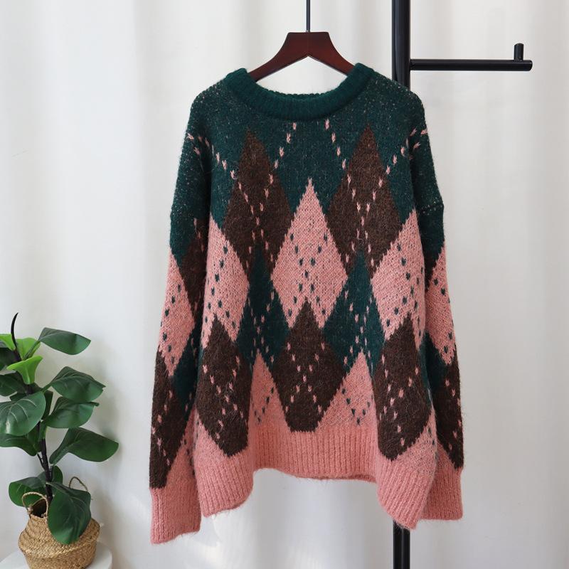Autumn and winter new loose lazy style knitted sweater top retro contrasting color diamond sweater pullover woman