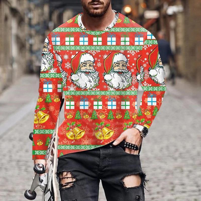 Herren T-Shirts Weihnachten Herren Neu Rundhals Langarm Street Fashion 3D Gedrucktes Herren T-Shirt