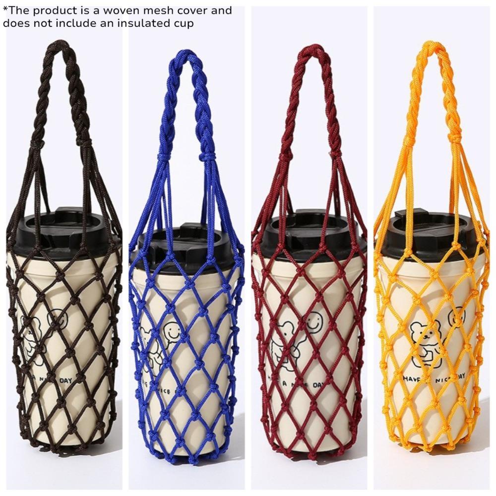 Reusable Woven Coffee Cup Holder Handmade Mesh Water Bottle Carry Bag with Shoulder Strap for Walking Office Picnic Travel
