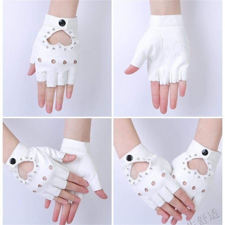 Women Heart Cutout Rhinestone Fingerless Gloves, Punk Faux Leather Half Finger Gloves for Dancing, Cosplay, Biking, Party, Performance