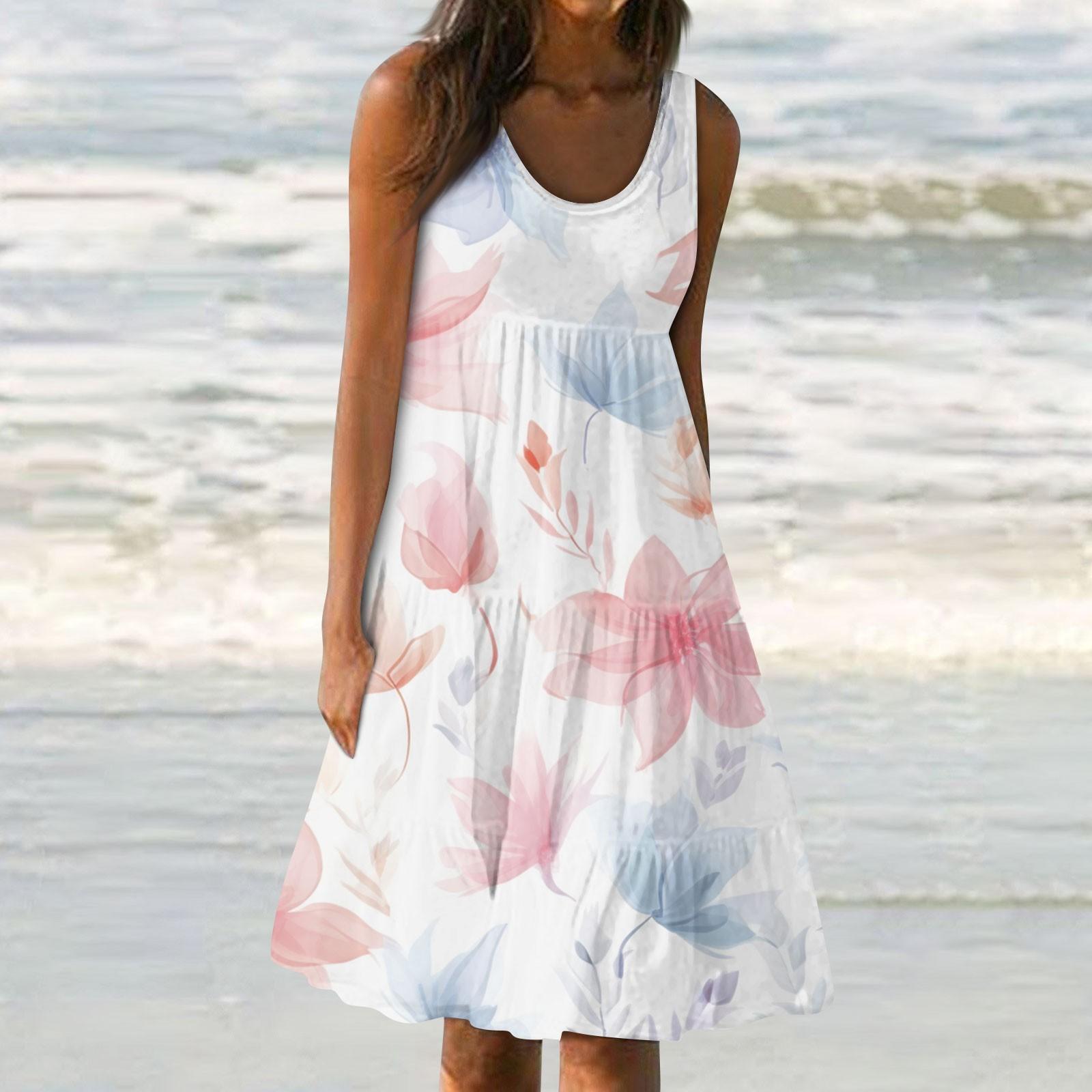 

Женские платья-жилеты Лето-весна Плиссированные богемные платья Симпатичные струящиеся пляжные платья без рукавов Прямая футболка Платья-майки Платья с круглым вырезом XXXL розовый