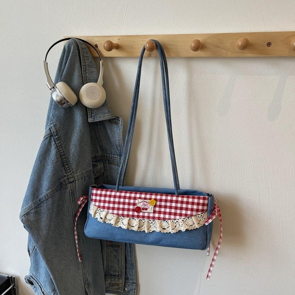 Black French Stick Handbag Denim Blue Cloth Underarm Bags Shopping Plaid Bow Shoulder Bag Travel