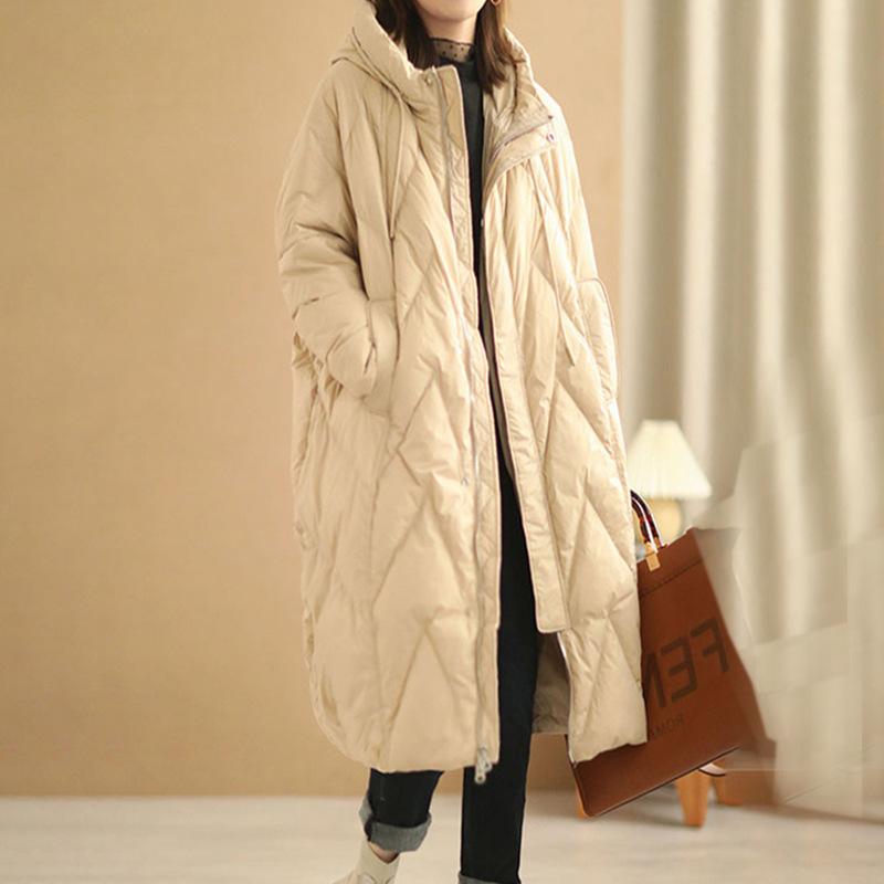 Women Loose Long Coat White Duck Down Jacket Winter Overcoat Hooded Puffer Parkas