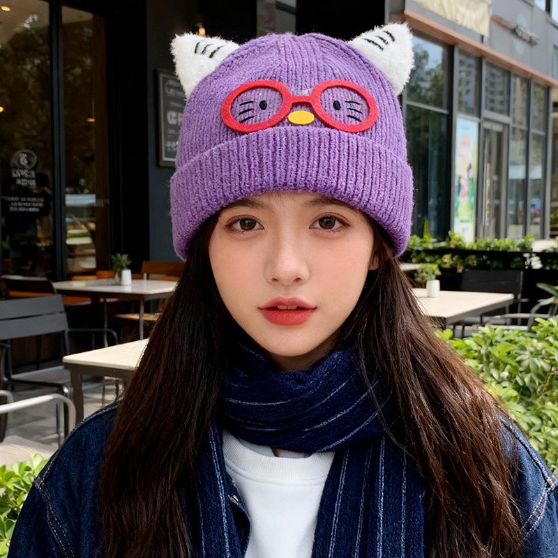 New Cute Glasses Cat Ears Hat for Women Autumn and Winter Warm Ear Protection Knitted Hat Showing Face Small Woolen Cold Hat