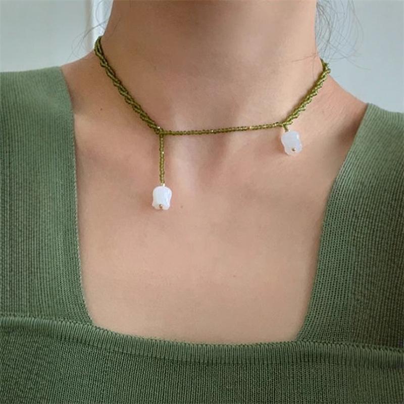 Elegant Green Rice Bead Chain Necklace for Women Romantic Lily of The Valley Pendant Necklace Various Wearing Neck Jewelry