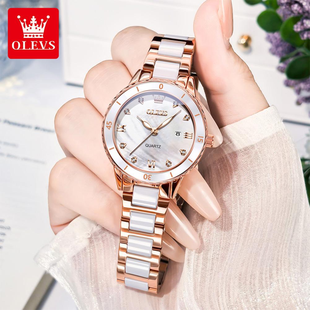 OLEVS 9985 Elegance Dámské Originální Quartzový Strojek Hodinky Keramická Ocel Okénko s Datem Diamantové Svítící Vodotěsné Hodinky
