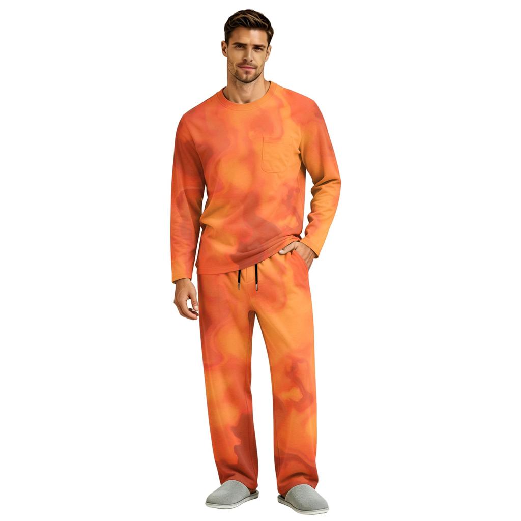 Men's Pajama Set Long Sleeve Top and Pants with Button Fly and Elastic Drawstring Waist