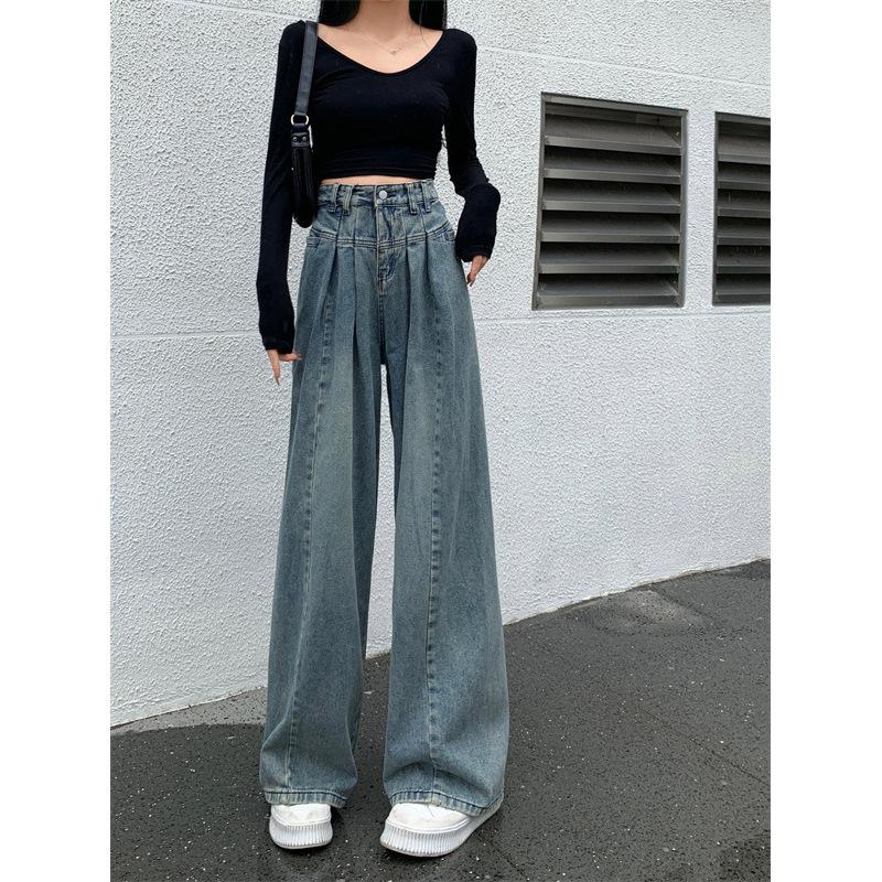 Retro High Waist Jeans for Women Spring and Autumn All-Match Small Loose-Fitting Mopping Pants Straight-Leg Wide-Leg Pants Trousers