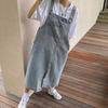 Robe en jean à bretelles sans col, ample, dos nu, sans manches, poches latérales, ourlet fendu, couleur unie, bandoulière réglable, robe mi-longue pour étudiante