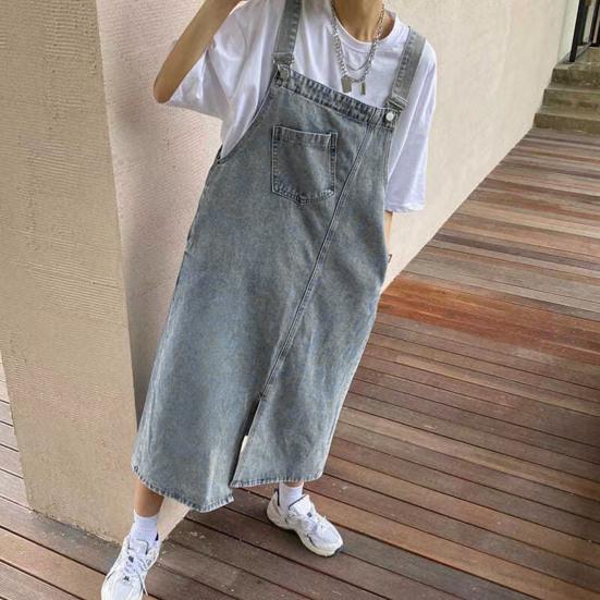 Robe en jean à bretelles sans col, ample, dos nu, sans manches, poches latérales, ourlet fendu, couleur unie, bandoulière réglable, robe mi-longue pour étudiante
