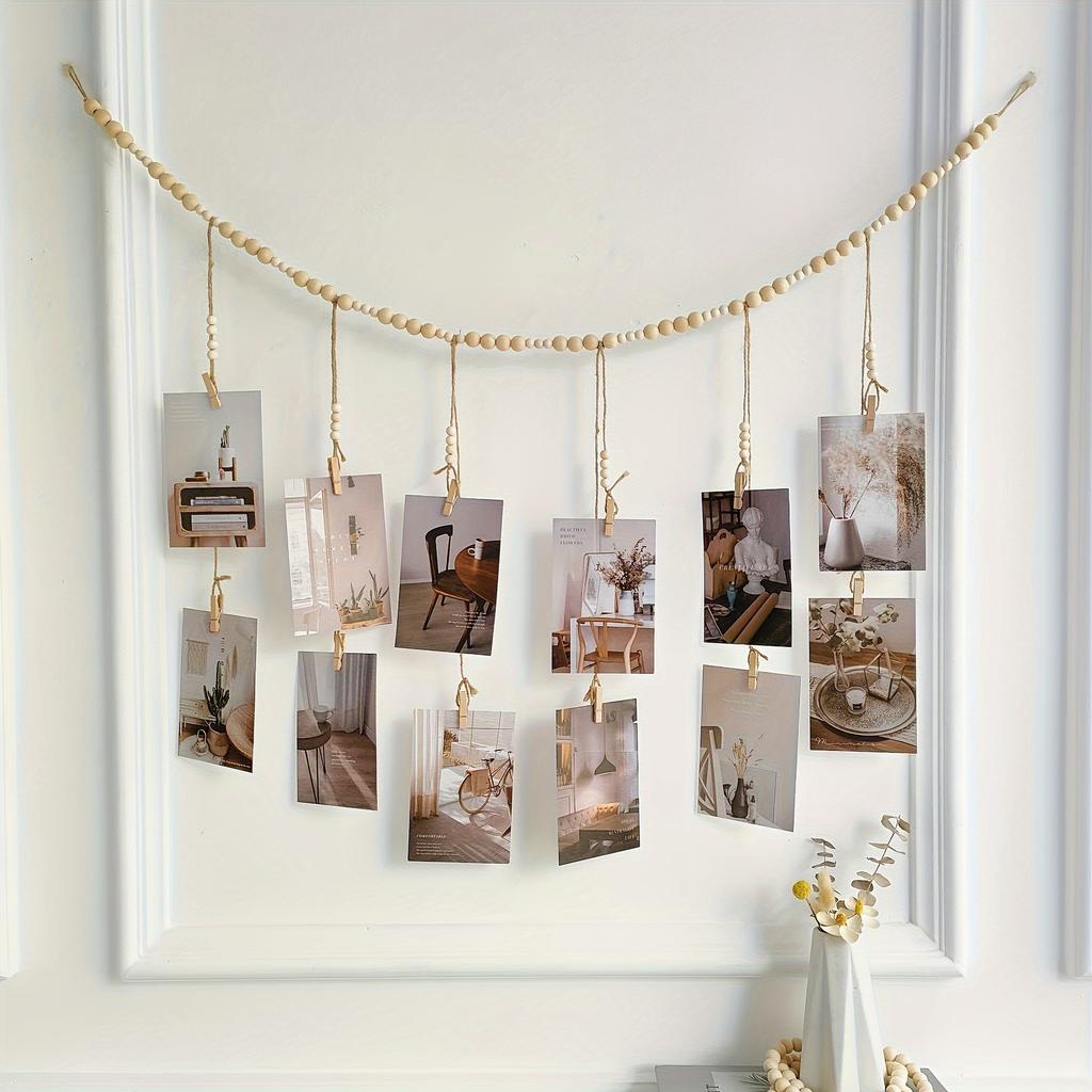 Unique Wooden Bead Hanging Photo Display Frame - Decorative Chic Collage Picture Holder with Clips and Garland