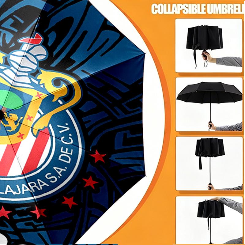Custom Name Personalized Club Deportivo Guadalajara Print Umbrella, Auto Open Close, 8‑Rib Sturdy Frame, Commute Camping Hiking Use, Birthday Gift