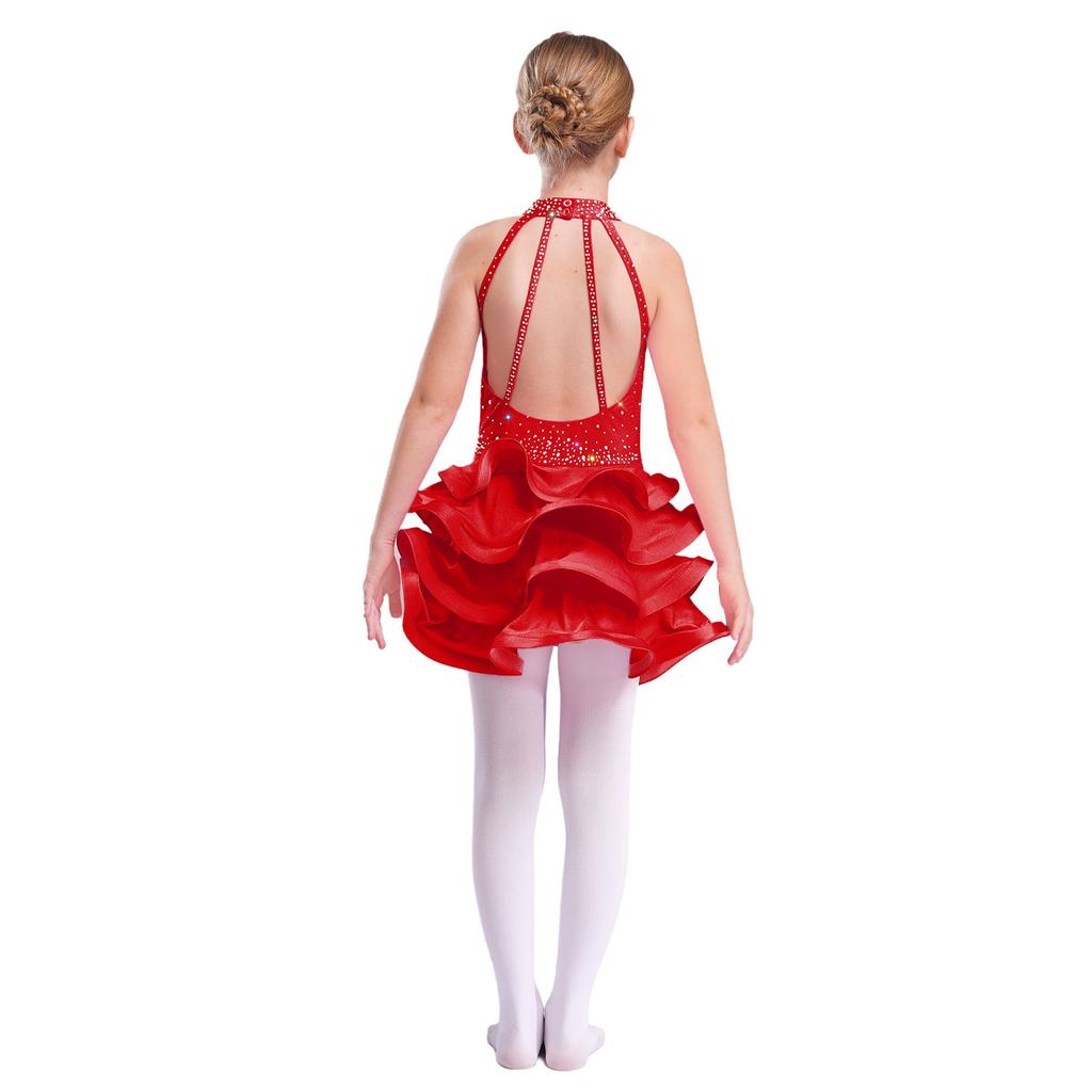 Girls Sparkly Rhinestone Latin Dance Dress Sleeveless Backless Design with Flowy Tiered Skirt for Competition