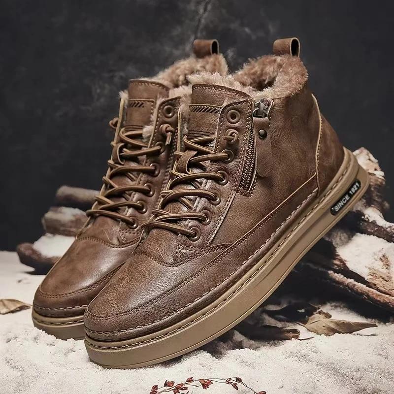 Fashion Mens Boots Winter Fashion High Top Leather Shoes Brown Black Ankle Boots Short Plush Lace-up Cotton Shoes Male Sneakers New