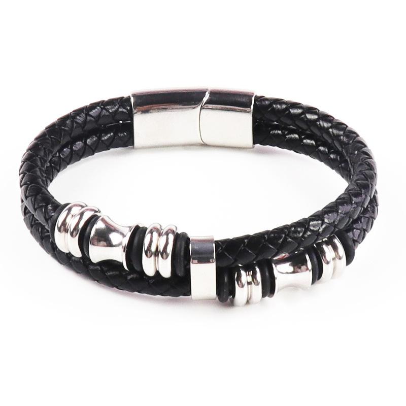 Leather rope bracelet cowhide men's double-layer stainless steel leather woven bracelet handmade multi-layer bracelet