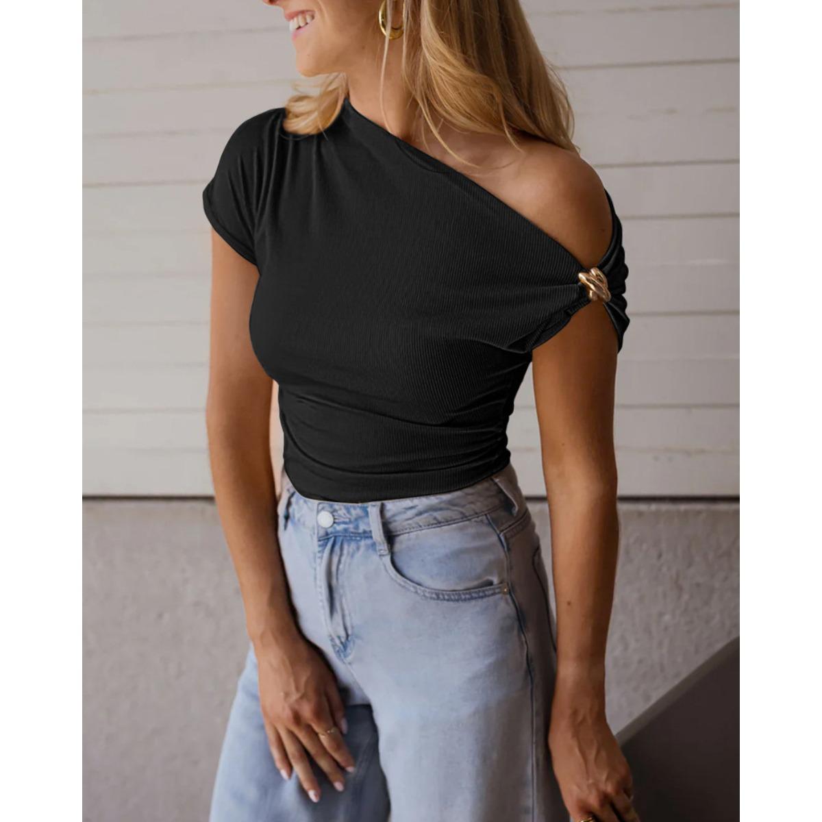 Women s Asymmetrical Off Shoulder Short Sleeve Top with Metal Ring Decor Slim Fit Ruched Casual Blouse S чёрный