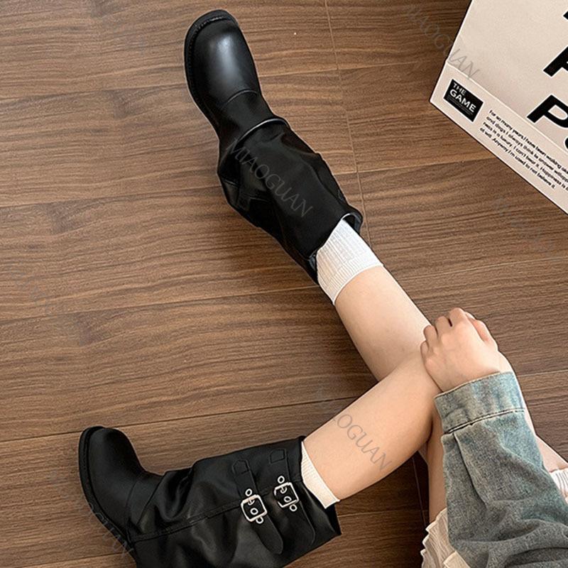 Fashion Vintage Style Chunky Heel Pleated Stacked Boots Women  Autumn Winter Black Belt Buckle Punk Short Botines Slip on Shoes Women