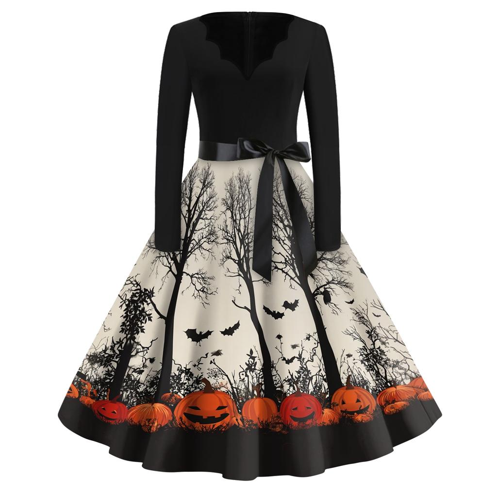 Women's Vintage V Neck Long Sleeve Halloween Print Casual Dress with Flared Skirt and Waist Tie for Seasonal Events