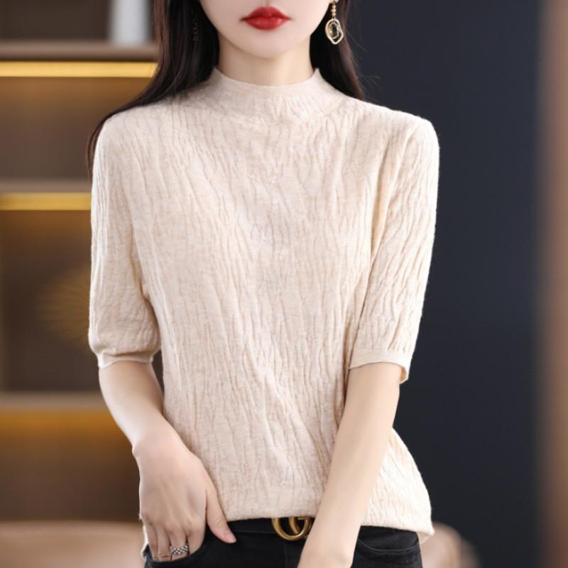 Women's Summer Half-High Neck Knit Top Solid Color Slim-Fit Elegant Blouse