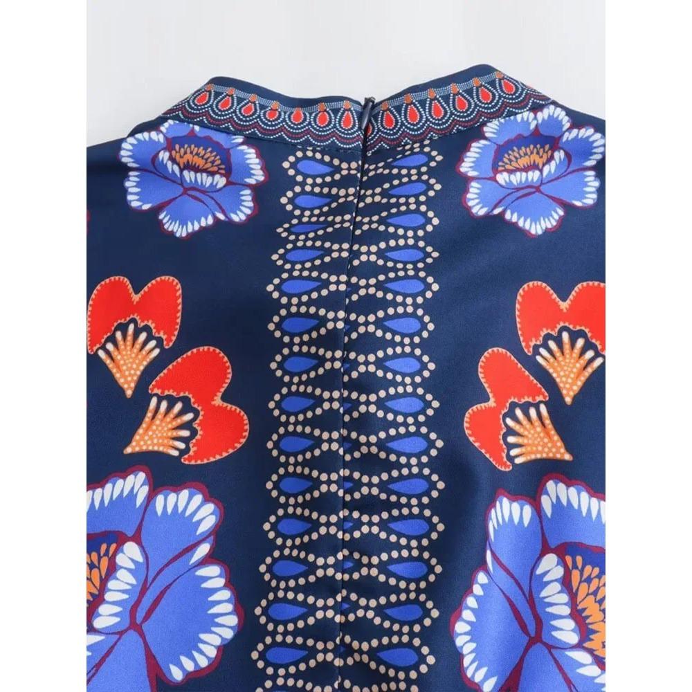 Vintage Print O-Neck Patchwork Maxi Dress Women Fashion Lantern Sleeves Loose Long Dresses Lady Casual Vacation Streetwear