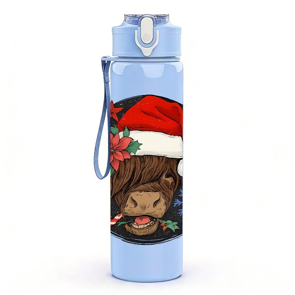 1PC Highland Cow Christmas Wreath 750ml Color Plastic Sports Water Bottle Leakproof Flip Straw Lid Suitable for Sports Office Home Use