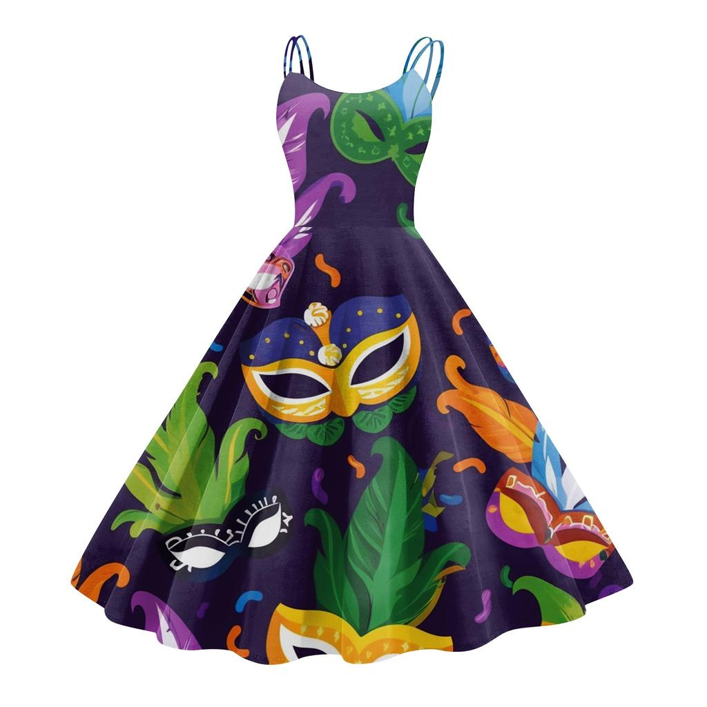 Dámské šaty, Karnevalový potisk, Sexy ramínka, Velká výstava, Retro šaty