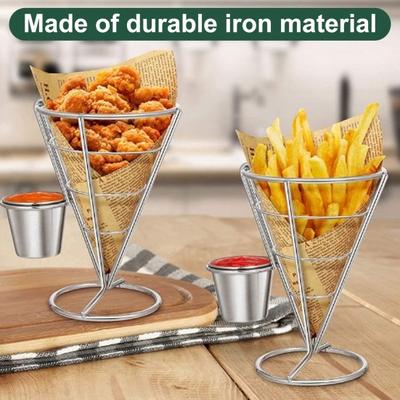 French Fries Holder Basket with Sauce Dipper Fry Stand for Snacks Appetizers Stainless Steel Chip Cone Rack for Restaurant Buffet Picnic Party