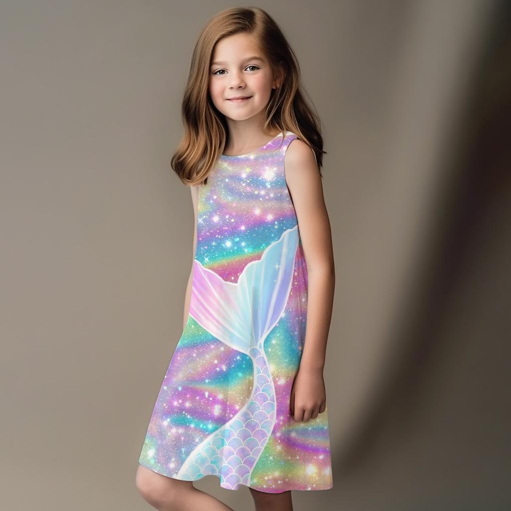 Girls' Dress Sleeveless 3D Shiny Fish Tail Print Summer Spring Daily Cute Casual Sweet Kids A Line Dress Tank Dress Sleeping Good Night Dress