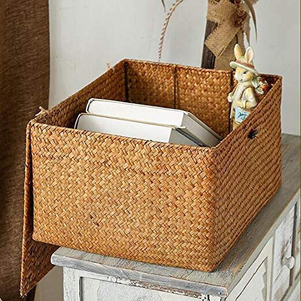 Yellow Seagrass Woven Storage Basket With Lid Desktop Organizer Box For Clothes And Sundries