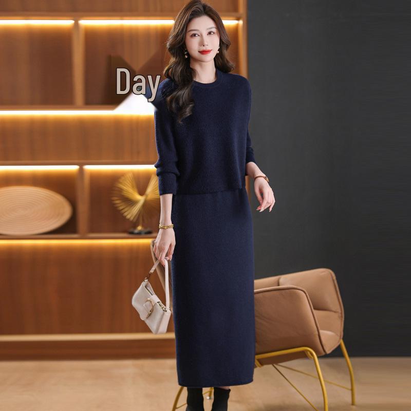 

Japanese Batwing Sleeve Two-Piece Set: Fashionable Pullover & Split Skirt in Small Fragrance Style. XL темно-синий