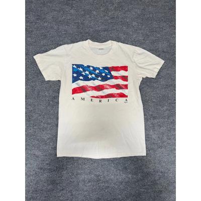 Vintage 1991 Marquee USA America Flag 100% Cotton T-shirt Mens Tees Top Sz M Stedman Super Hi-Cru Made USA